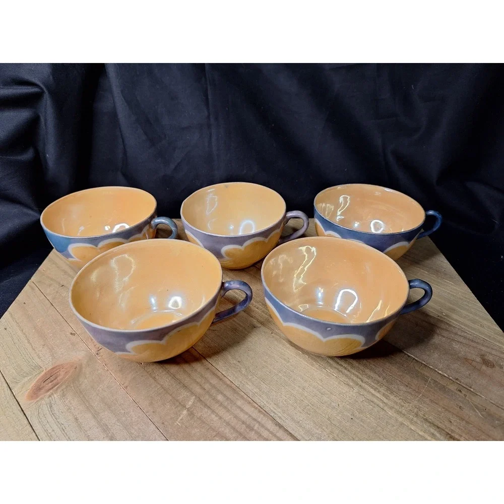 Vintage Japanese Lusterware Teacups Set of 5 Peach‎ Blue Iridescent Art Deco